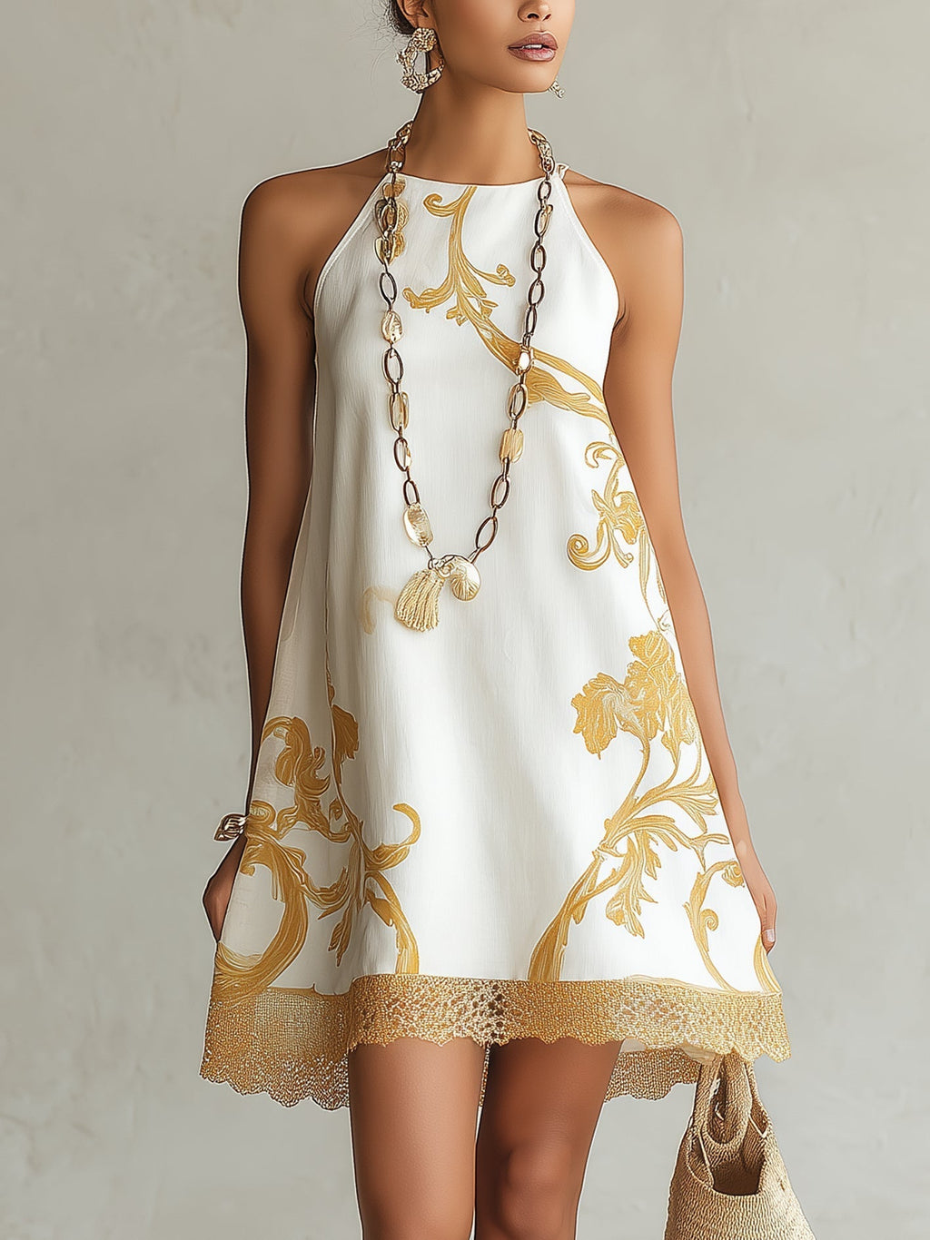 Elo | Minivestido de Encaje Blanco con Motivos Dorados