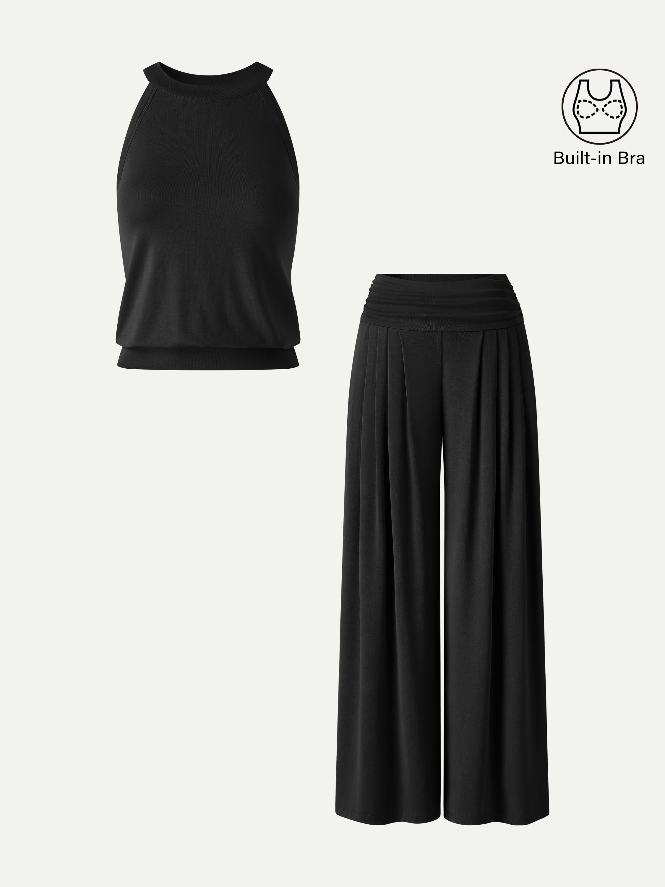 Conjunto de 2 Piezas: Top Sujetador Cuello Halter y Pantalón Plisado con Bolsillos