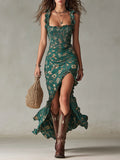 Vestido Córdoba, Bohemio Verde con Estampado y Mangas con Volantes