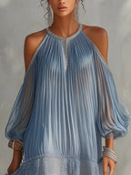 Isolda Vestido Mini Azul con Hombros al Descubierto, Cintura Fruncida y Acabado de Encaje