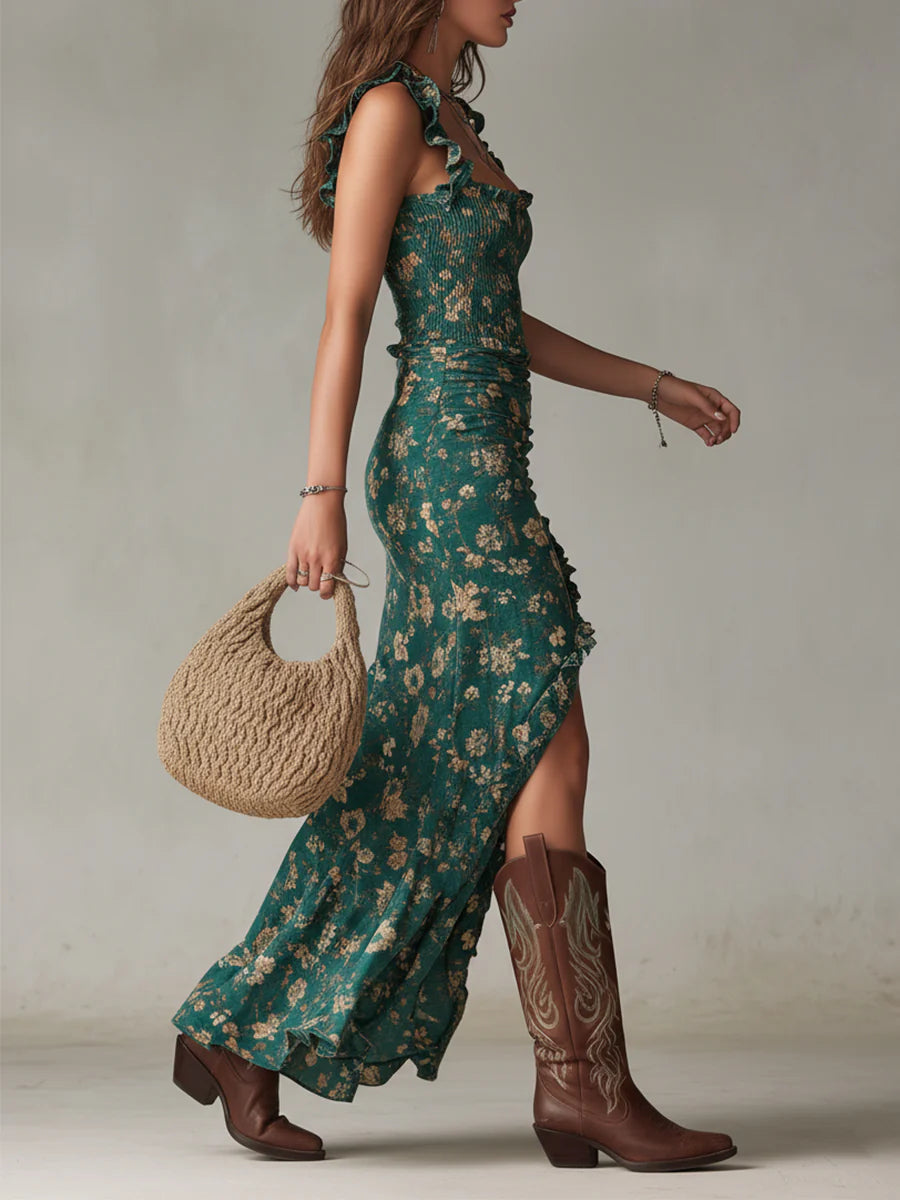 Vestido Córdoba, Bohemio Verde con Estampado y Mangas con Volantes