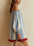 Ángela Vestido Mini Azul y Blanco a Rayas con Escote Bardot y Ribetes en Contraste