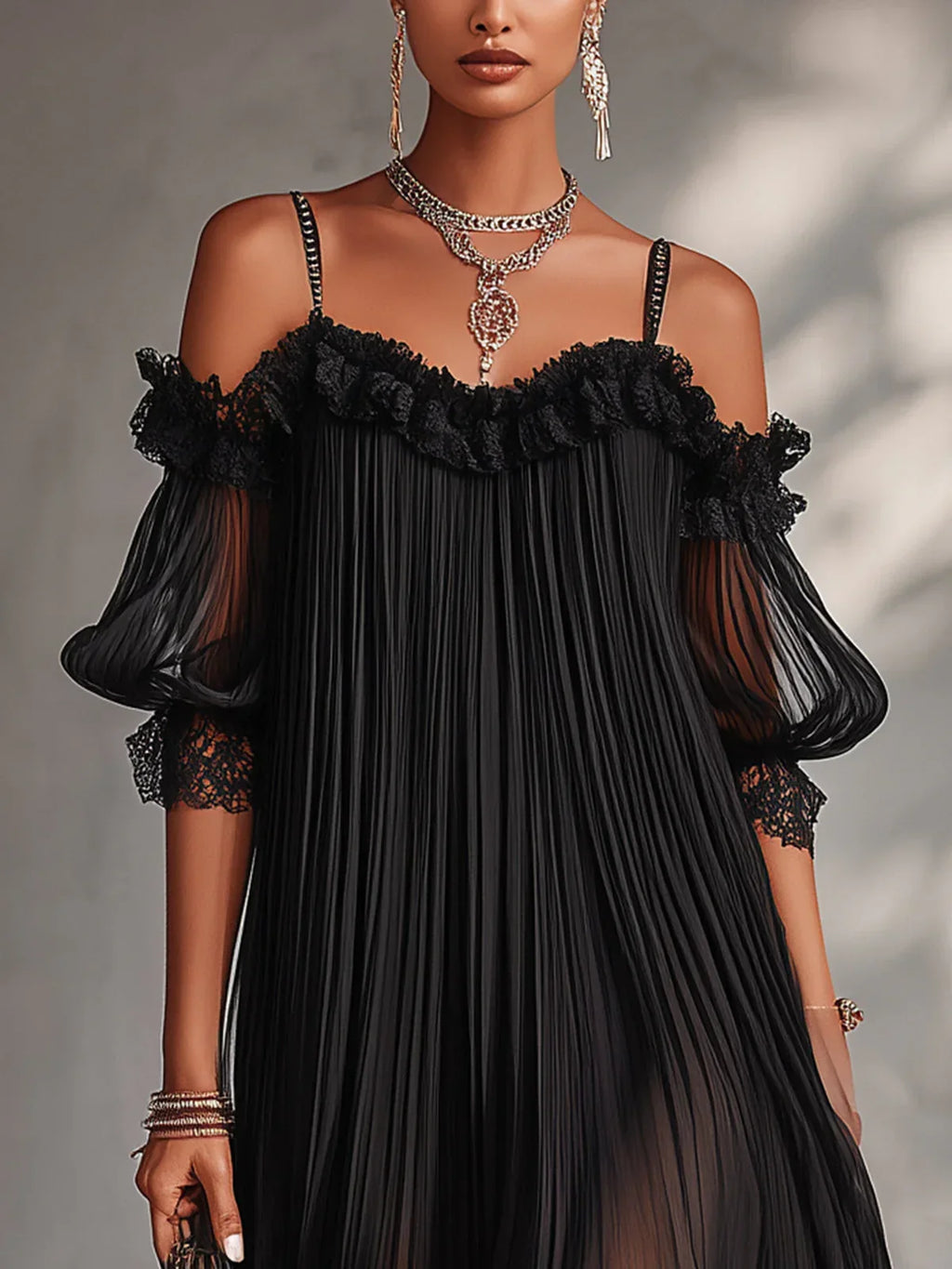 Naia Vestido Mini Negro de Chiffon con Escote Bardot y Ribete de Encaje