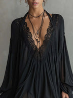 Catalina Vestido Mini de Chiffon Negro con Escote Halter y Cuello de Encaje