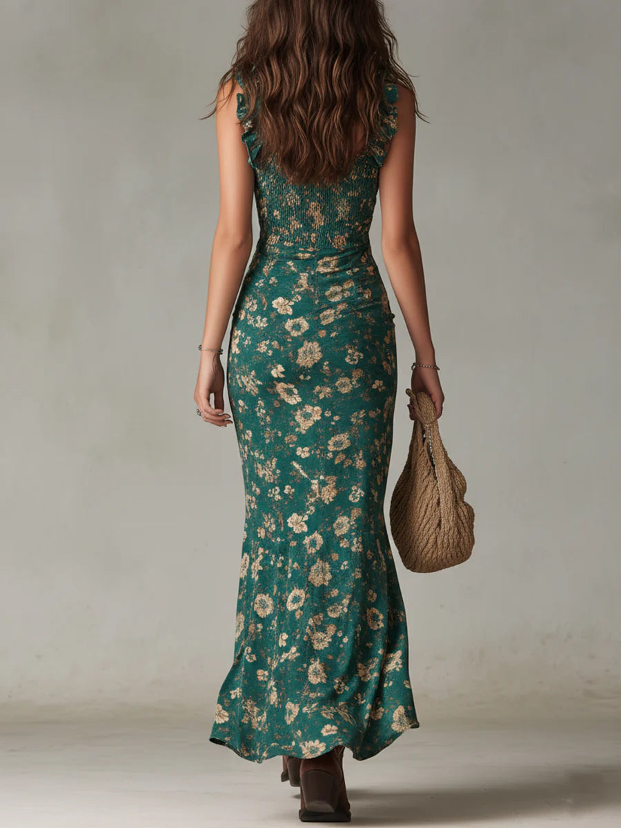 Vestido Córdoba, Bohemio Verde con Estampado y Mangas con Volantes