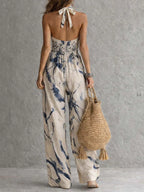 Silvia Mono con Escote Halter, Estampado Efecto Tinta, Pernera Ancha y Bolsillos