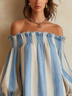 Ángela Vestido Mini Azul y Blanco a Rayas con Escote Bardot y Ribetes en Contraste