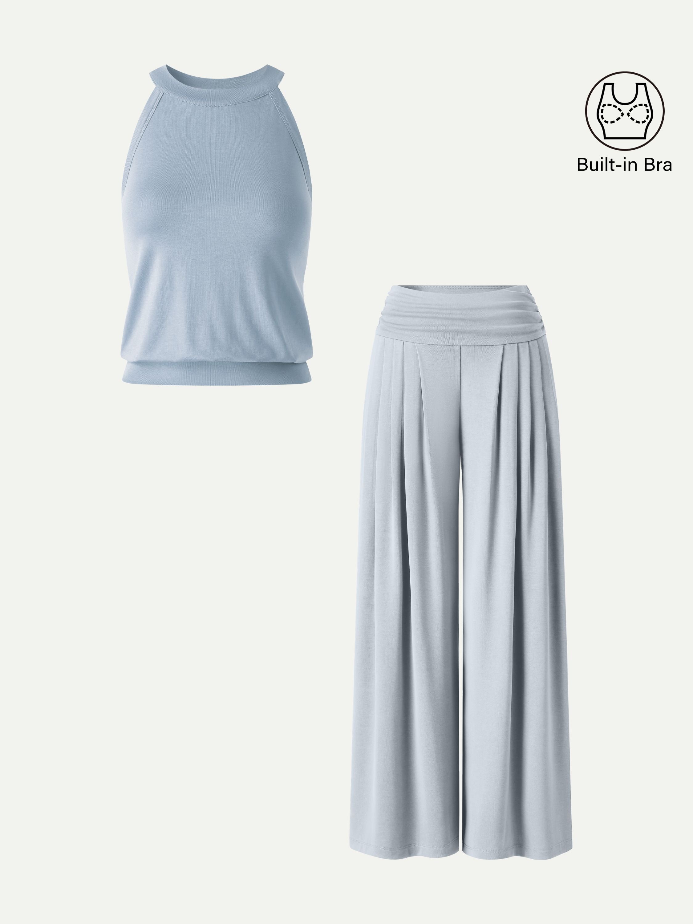 Conjunto de 2 Piezas: Top Sujetador Cuello Halter y Pantalón Plisado con Bolsillos