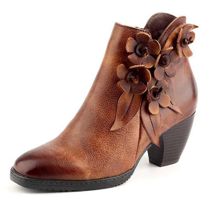 Juliette - Botines Retro de Cuero Floral Hechos a Mano en Color Sólido