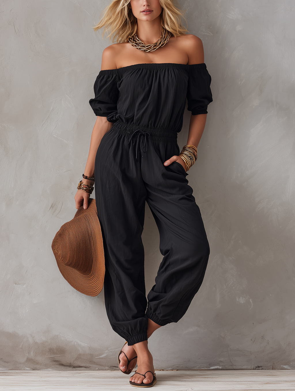 Marbella | Mono negro casual con hombros al aire y cordón ajustable