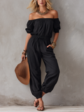 Marbella | Mono negro casual con hombros al aire y cordón ajustable