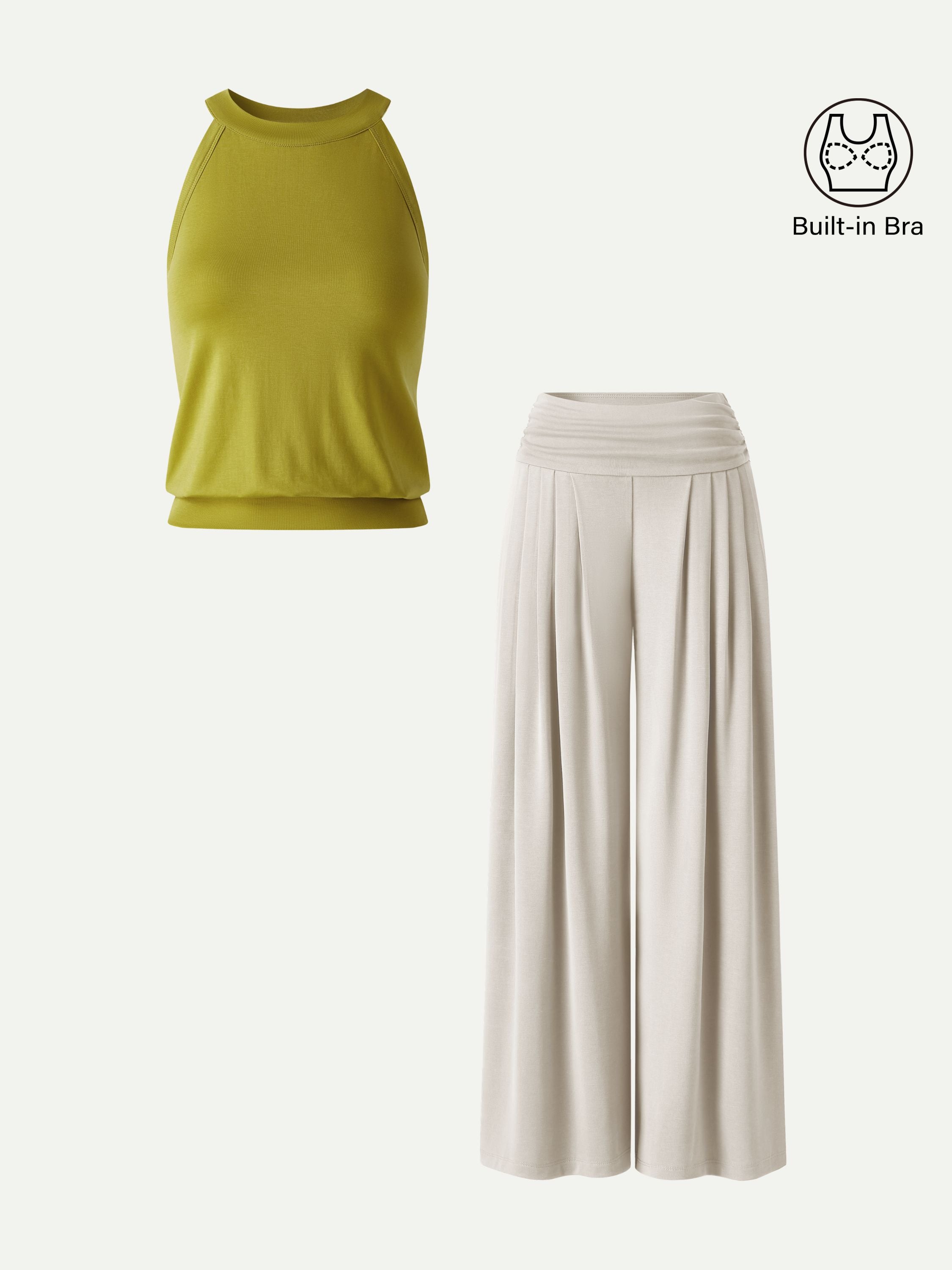 Conjunto de 2 Piezas: Top Sujetador Cuello Halter y Pantalón Plisado con Bolsillos