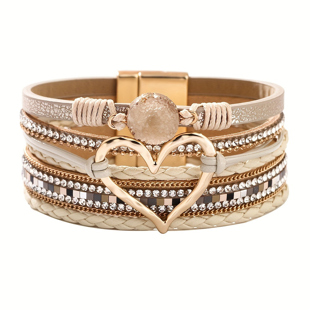 Georgia - Pulsera de Cuero Bohemia Multicapa con Corazón