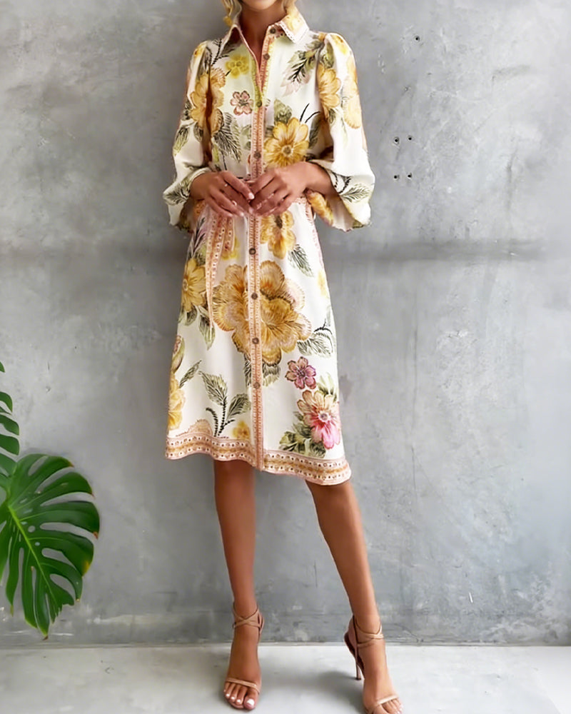 Vestido Manga Farol Cuello Muesca Estampado
