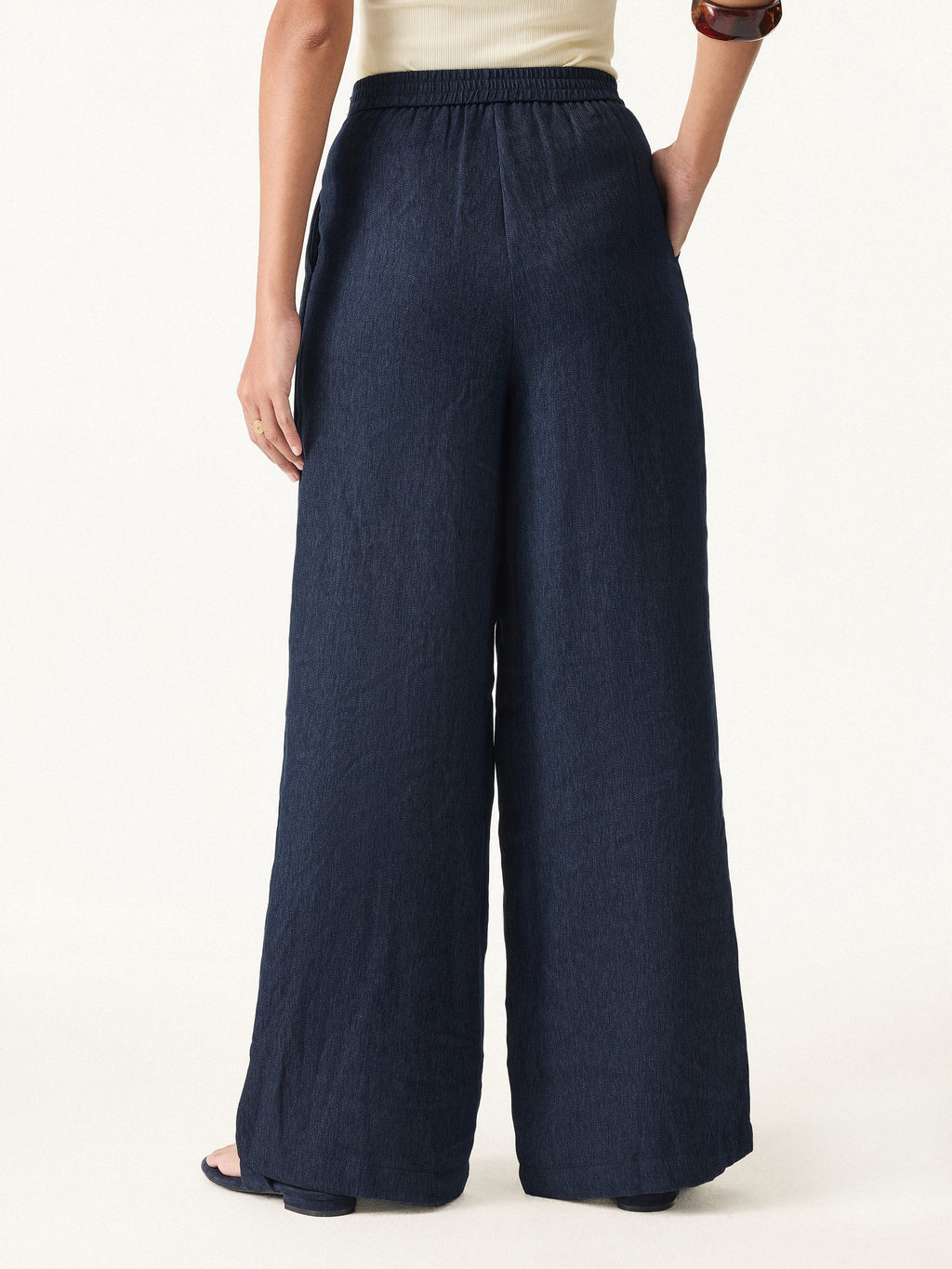 Pantalón Fresco Tipo Lino Tiro Medio Pierna Ancha con Bolsillos