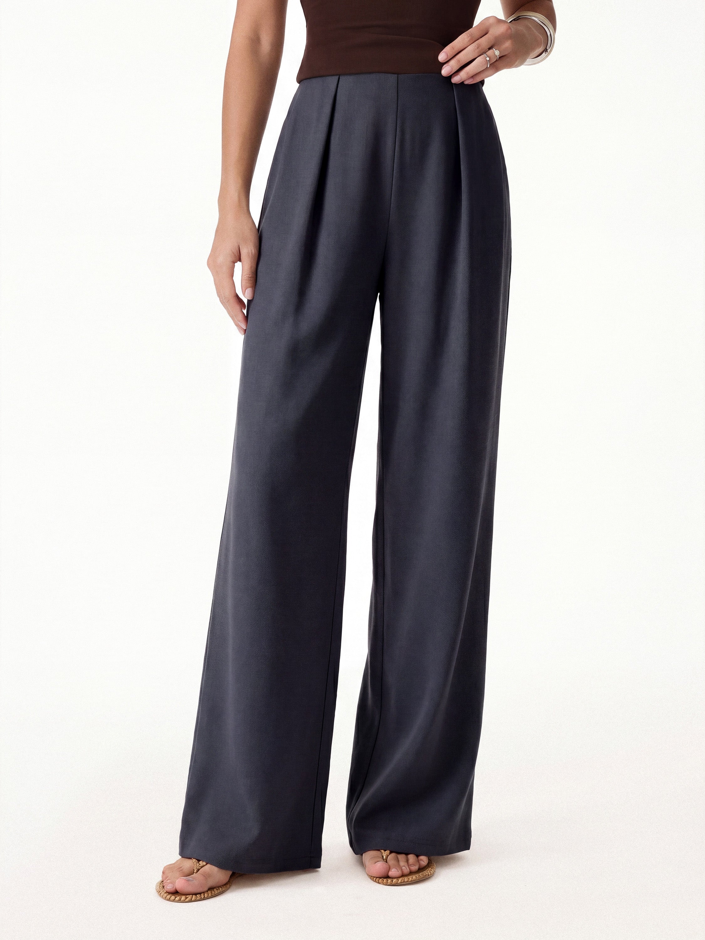 Pantalón Acampanado Ancho Tipo Lino con Bolsillos