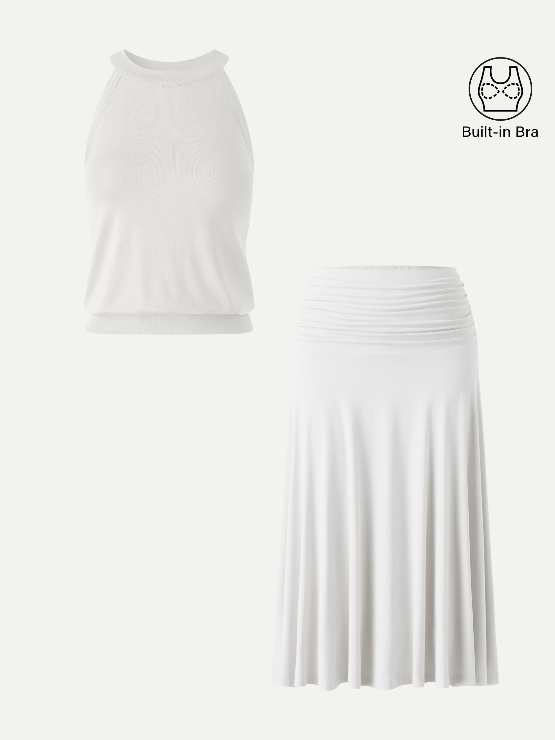 Conjunto de 2 Piezas: Top Sujetador Cuello Halter y Falda Midi Línea A