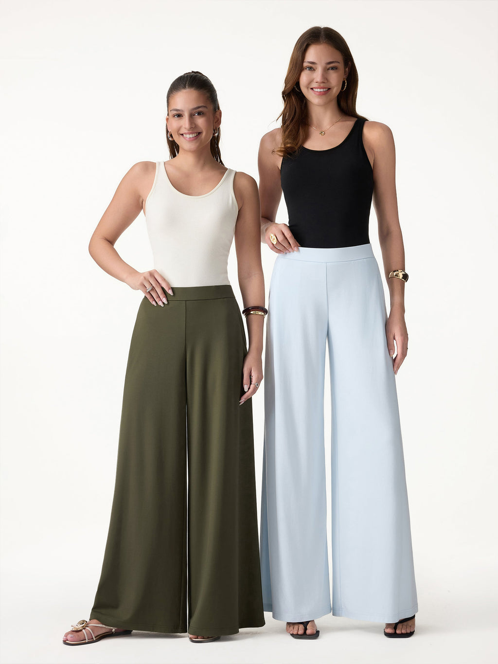 Pantalón Ponte Tiro Medio Pierna Ancha con Bolsillos