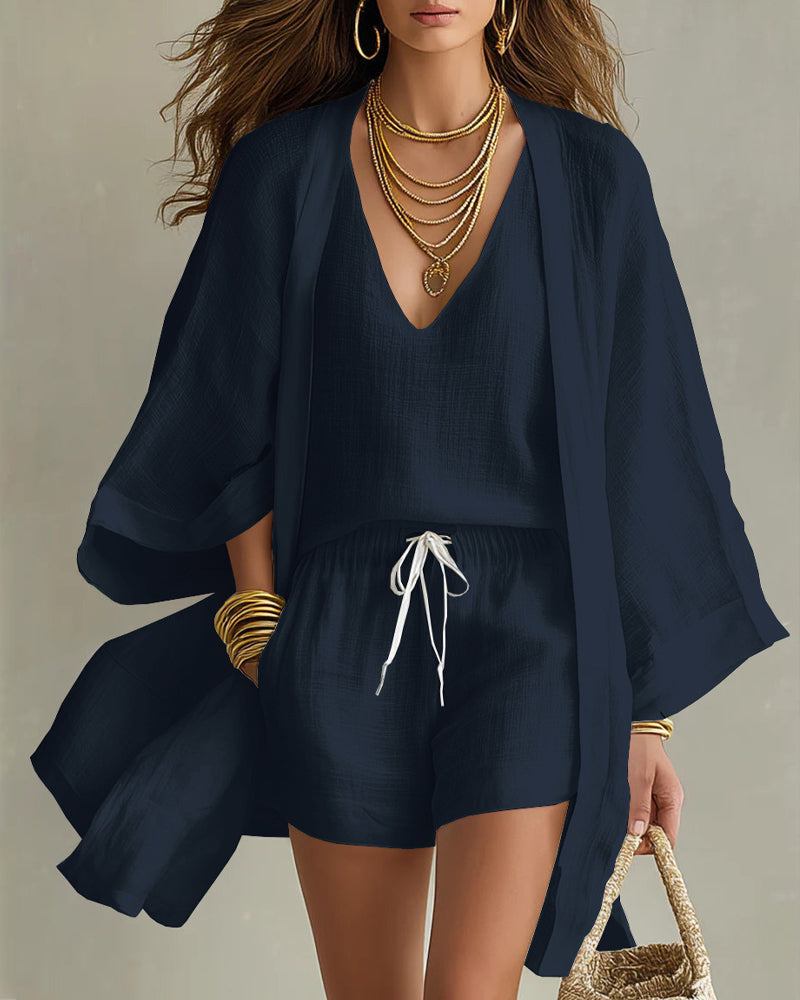 Conjunto de Tres Piezas de Lino: Chaleco, Pantalón Ancho y Cárdigan