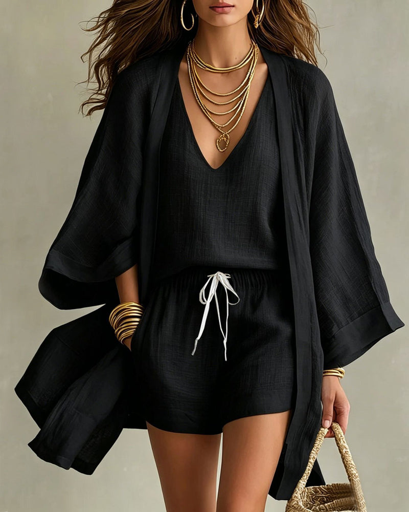 Conjunto de Tres Piezas de Lino: Chaleco, Pantalón Ancho y Cárdigan