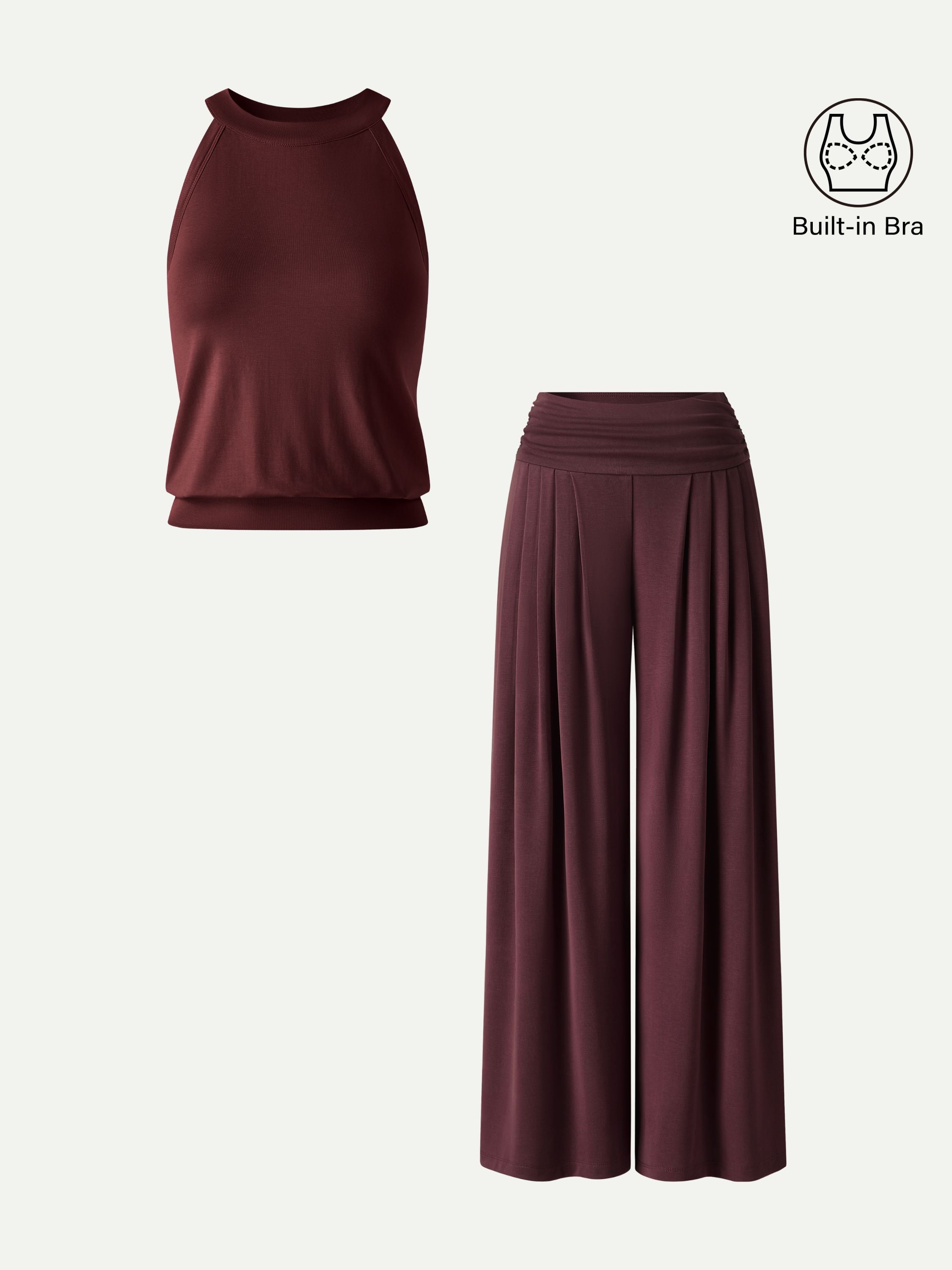 Conjunto de 2 Piezas: Top Sujetador Cuello Halter y Pantalón Plisado con Bolsillos