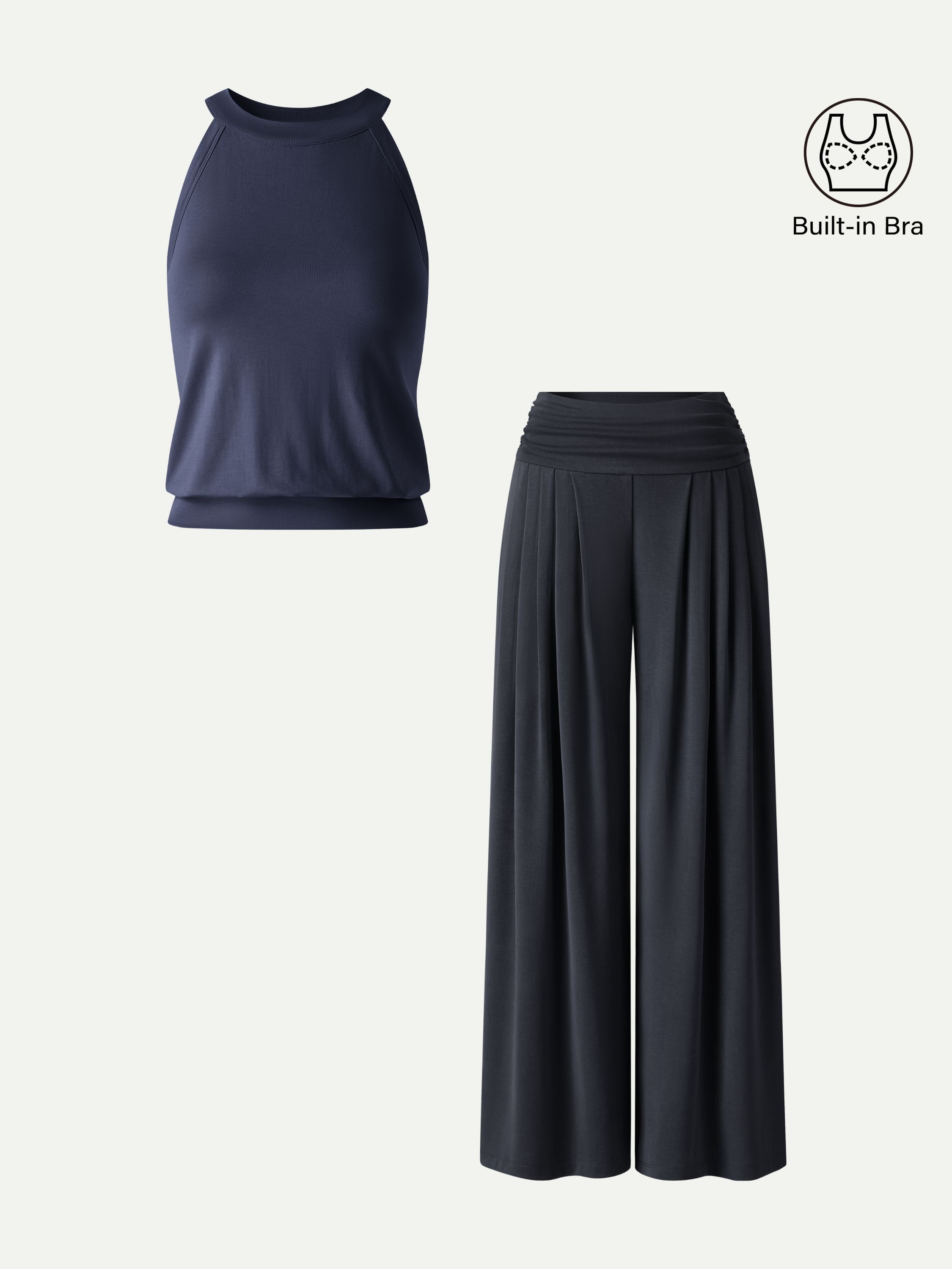 Conjunto de 2 Piezas: Top Sujetador Cuello Halter y Pantalón Plisado con Bolsillos