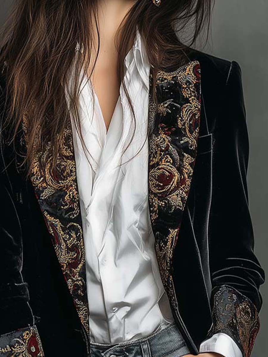 Sitges | Blazer Ajustado con Estampado Barroco Negro
