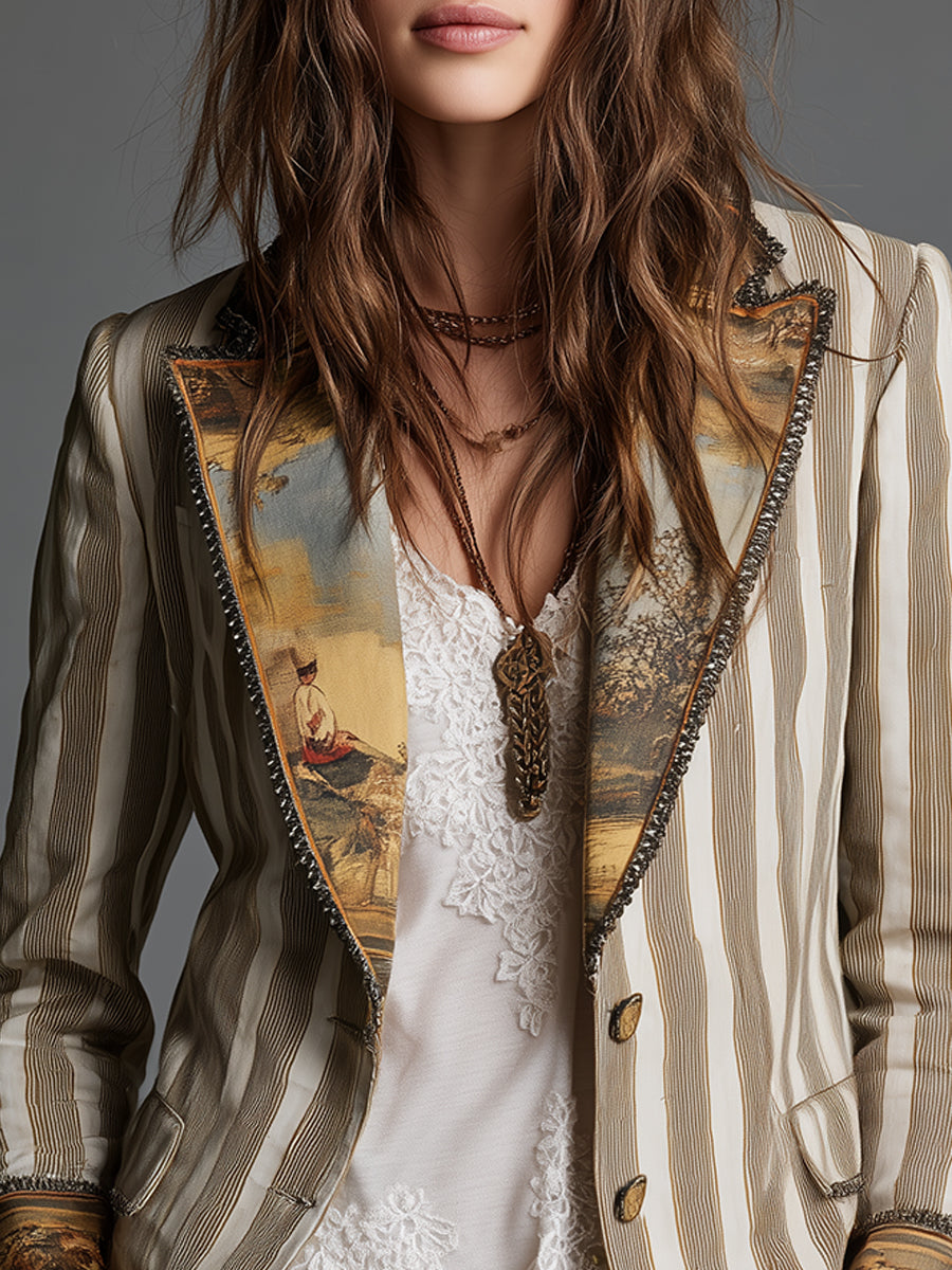 Cadaqués | Blazer Bohemio de Rayas con Cuello Estampado