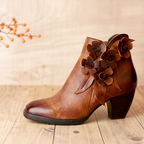 Juliette - Botines Retro de Cuero Floral Hechos a Mano en Color Sólido