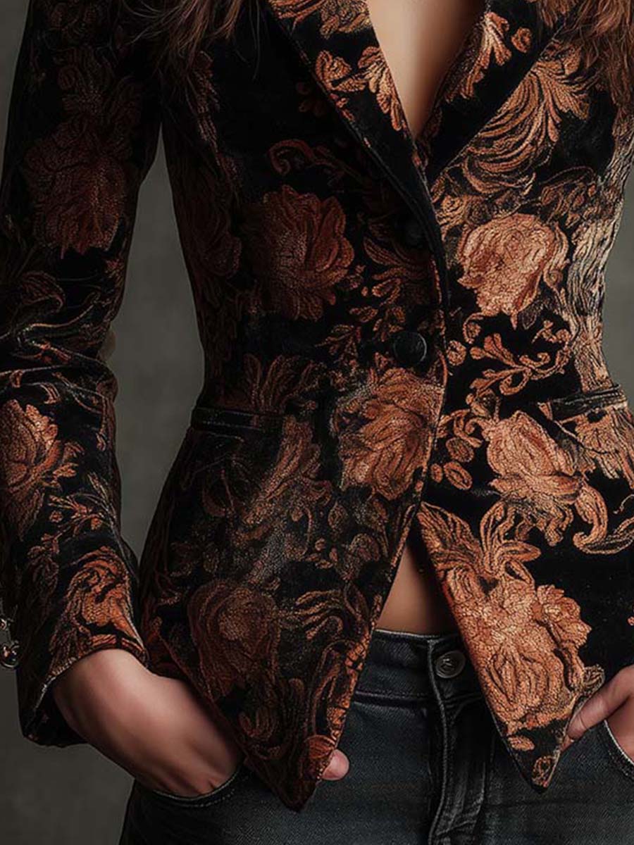 Tarifa | Blazer Sastre con Estampado Floral Negro y Bronce