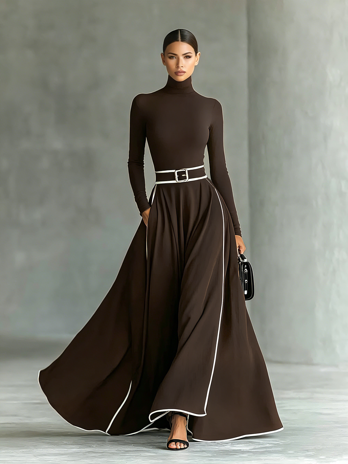 Albarracín – maxivestido negro con costuras blancas y cuello alto