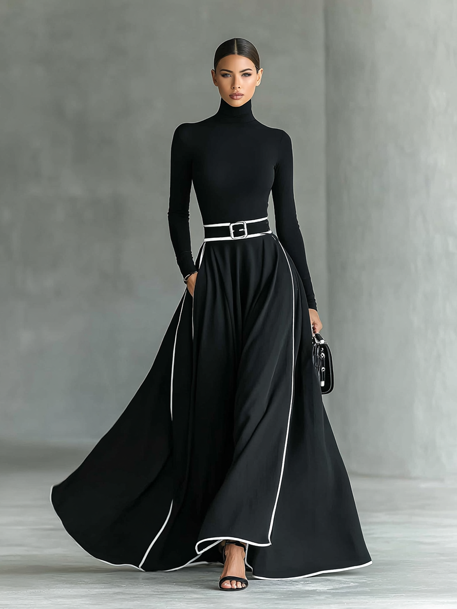 Albarracín – maxivestido negro con costuras blancas y cuello alto