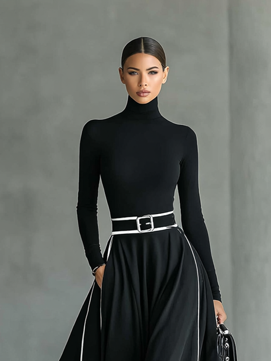 Albarracín – maxivestido negro con costuras blancas y cuello alto