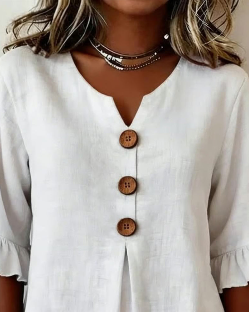 Sophia | Blusas de Color Liso con Botones de Madera y Volantes
