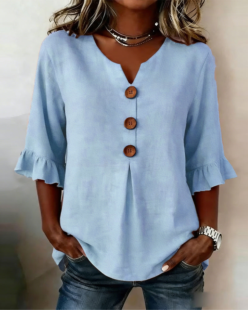 Sofía | Blusas de Color Liso con Botones de Madera y Volantes