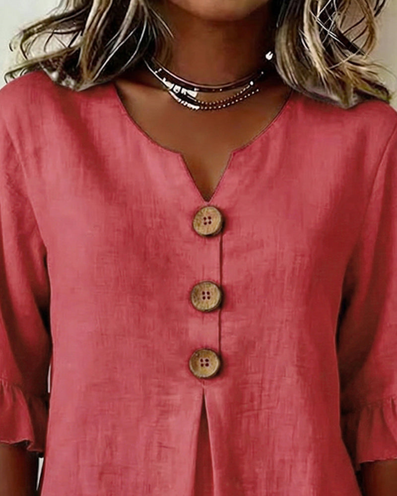 Sophia | Blusas de Color Liso con Botones de Madera y Volantes