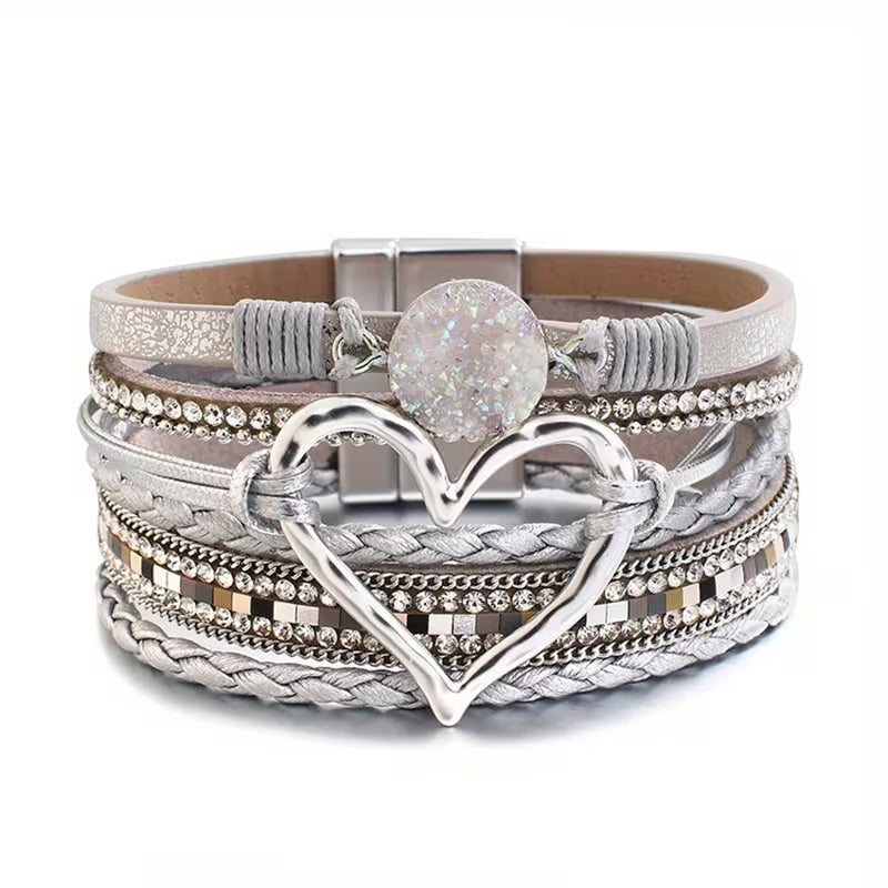 Georgia - Pulsera de Cuero Bohemia Multicapa con Corazón