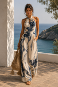 Mono con Escote Halter, Estampado Efecto Tinta, Pernera Ancha y Bolsillos