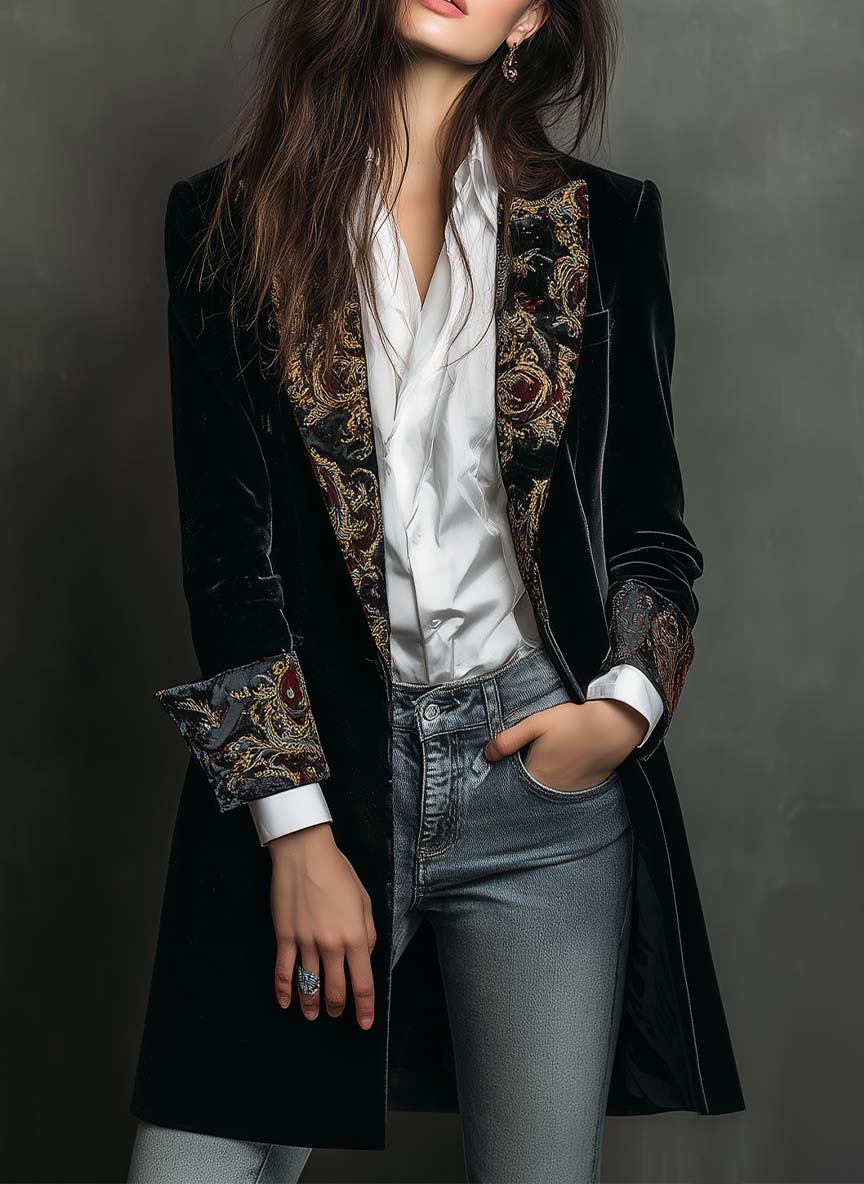 Sitges | Blazer Ajustado con Estampado Barroco Negro
