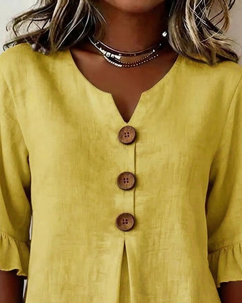 Sophia | Blusas de Color Liso con Botones de Madera y Volantes