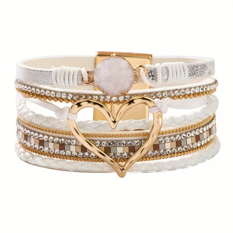 Georgia - Pulsera de Cuero Bohemia Multicapa con Corazón