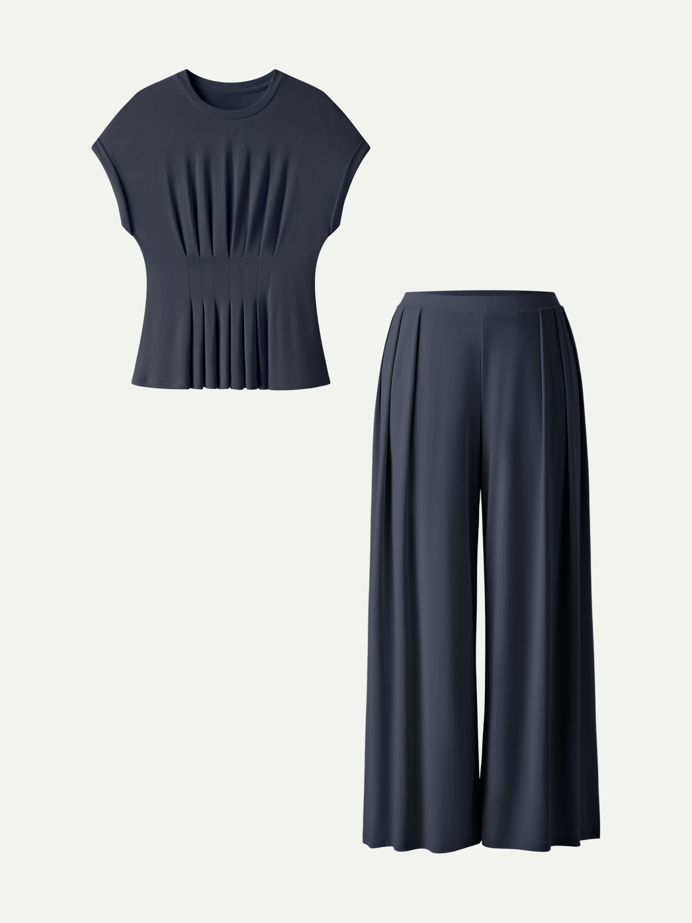Conjunto de 2 Piezas: Camiseta Cuello Redondo Manga Corta y Pantalón Pierna Ancha con Bolsillos