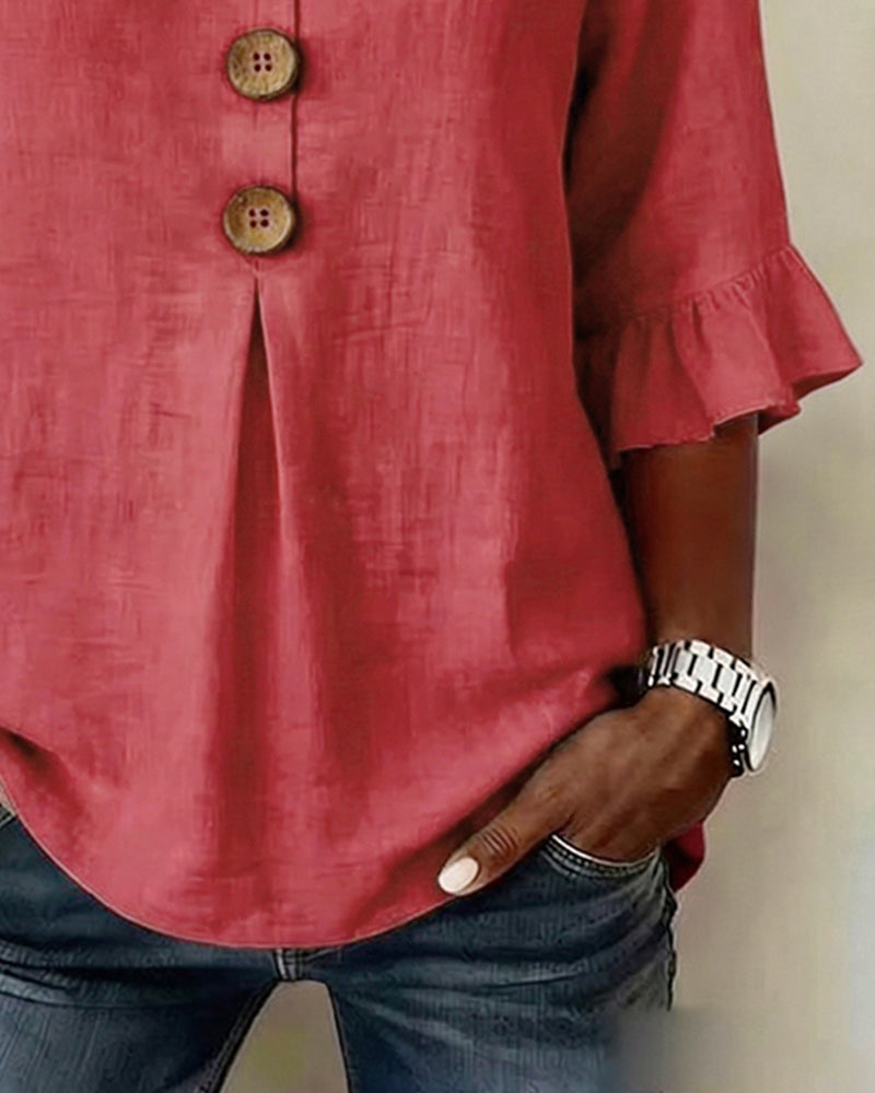Sophia | Blusas de Color Liso con Botones de Madera y Volantes