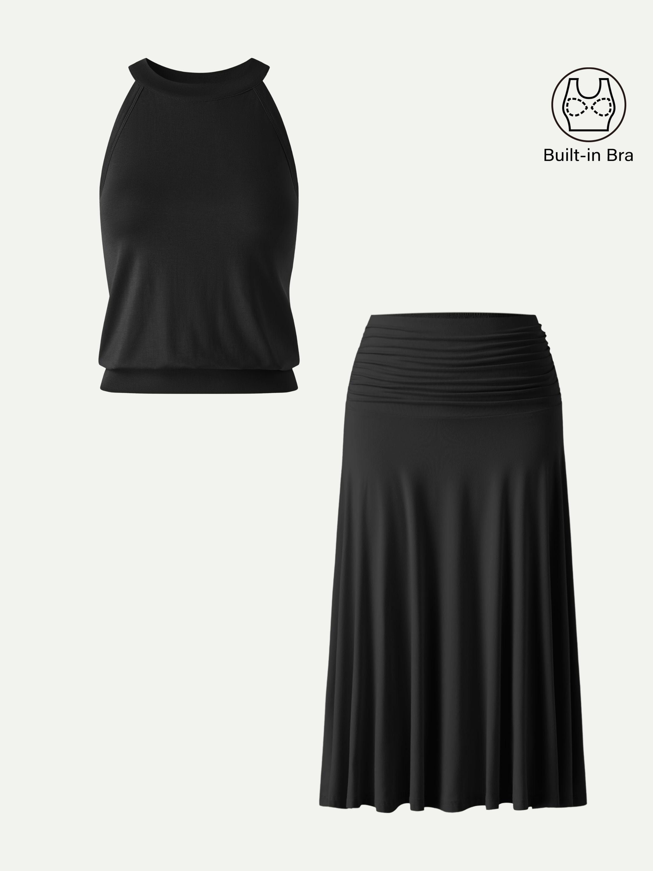 Conjunto de 2 Piezas: Top Sujetador Cuello Halter y Falda Midi Línea A