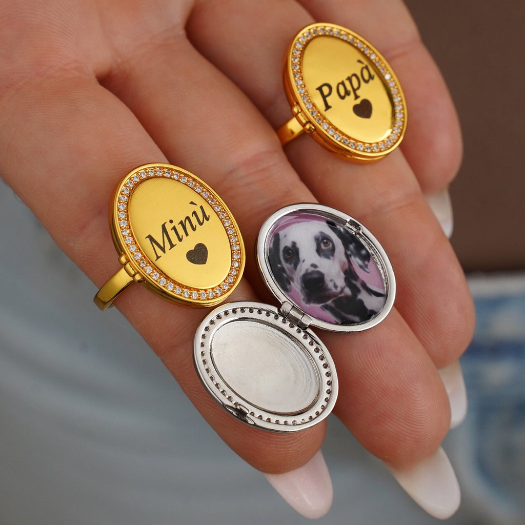 Anillo Oval Cofre del Corazón Personalizado con Foto y Grabado