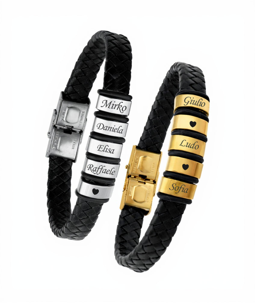 Pulsera Papá Personalizada con Nombres – Piel Trenzada Negra y Acero