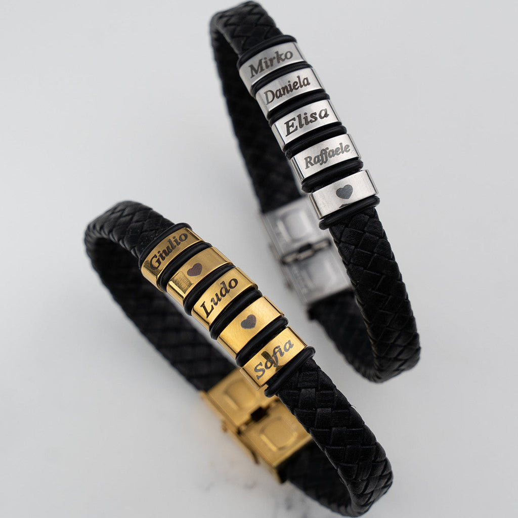 Pulsera Papá Personalizada con Nombres – Piel Trenzada Negra y Acero