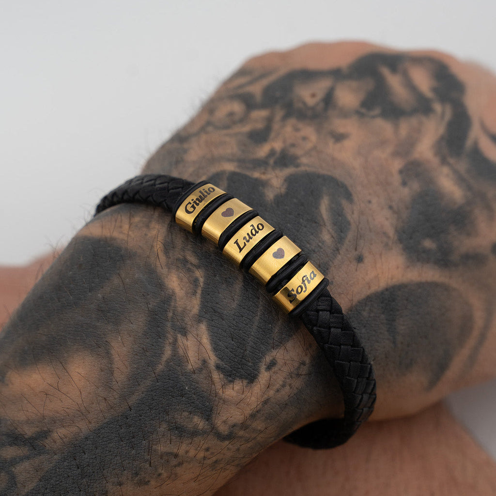 Pulsera Papá Personalizada con Nombres – Piel Trenzada Negra y Acero
