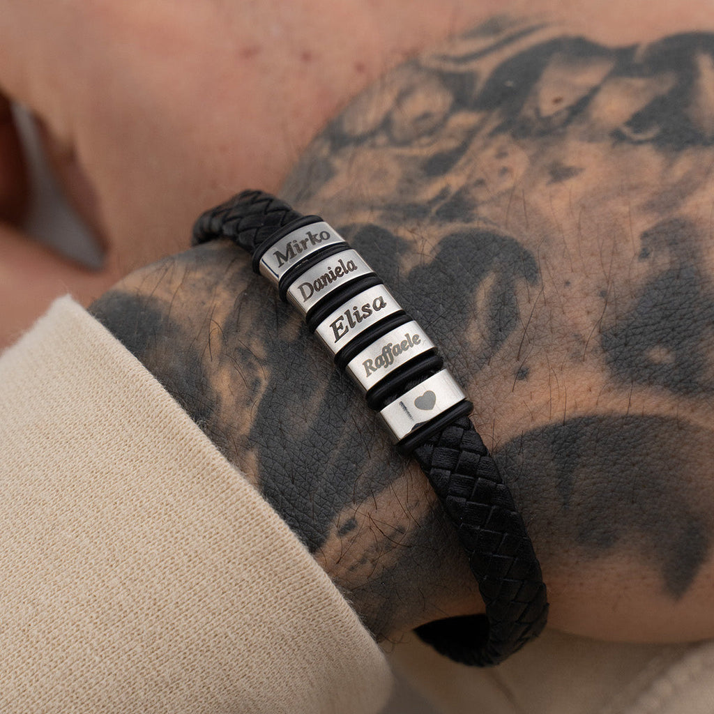 Pulsera Papá Personalizada con Nombres – Piel Trenzada Negra y Acero