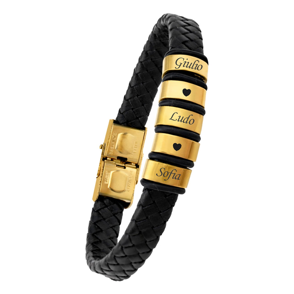 Pulsera Papá Personalizada con Nombres – Piel Trenzada Negra y Acero